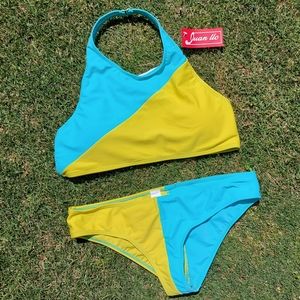 Juan Uc Womens Neon Bright Teal & Green Halter Two Piece Swimsuit Medium